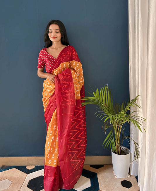 Red-Mustard Cotton Mul Printed Saree