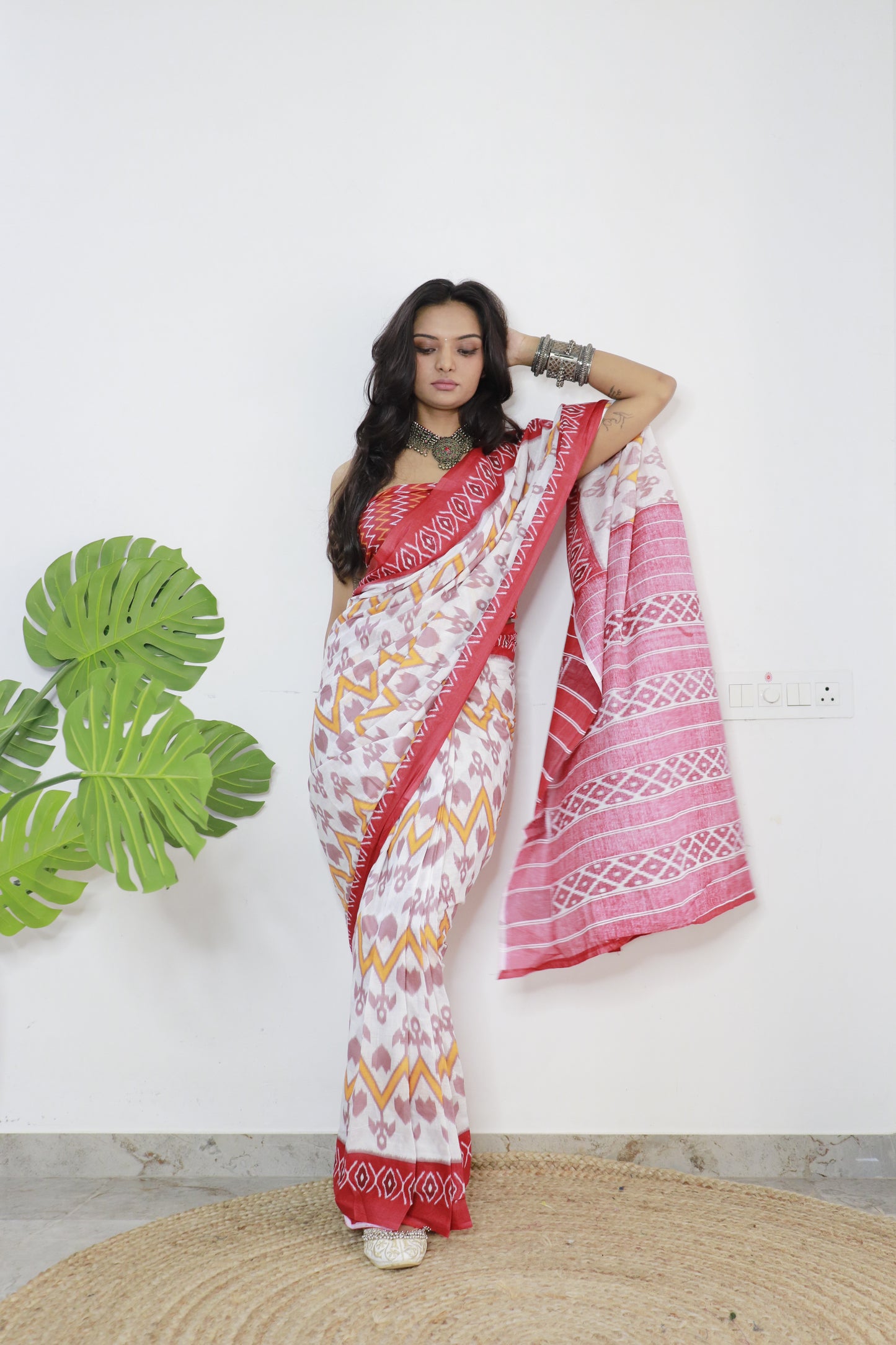 Red-White Cotton Printed Saree