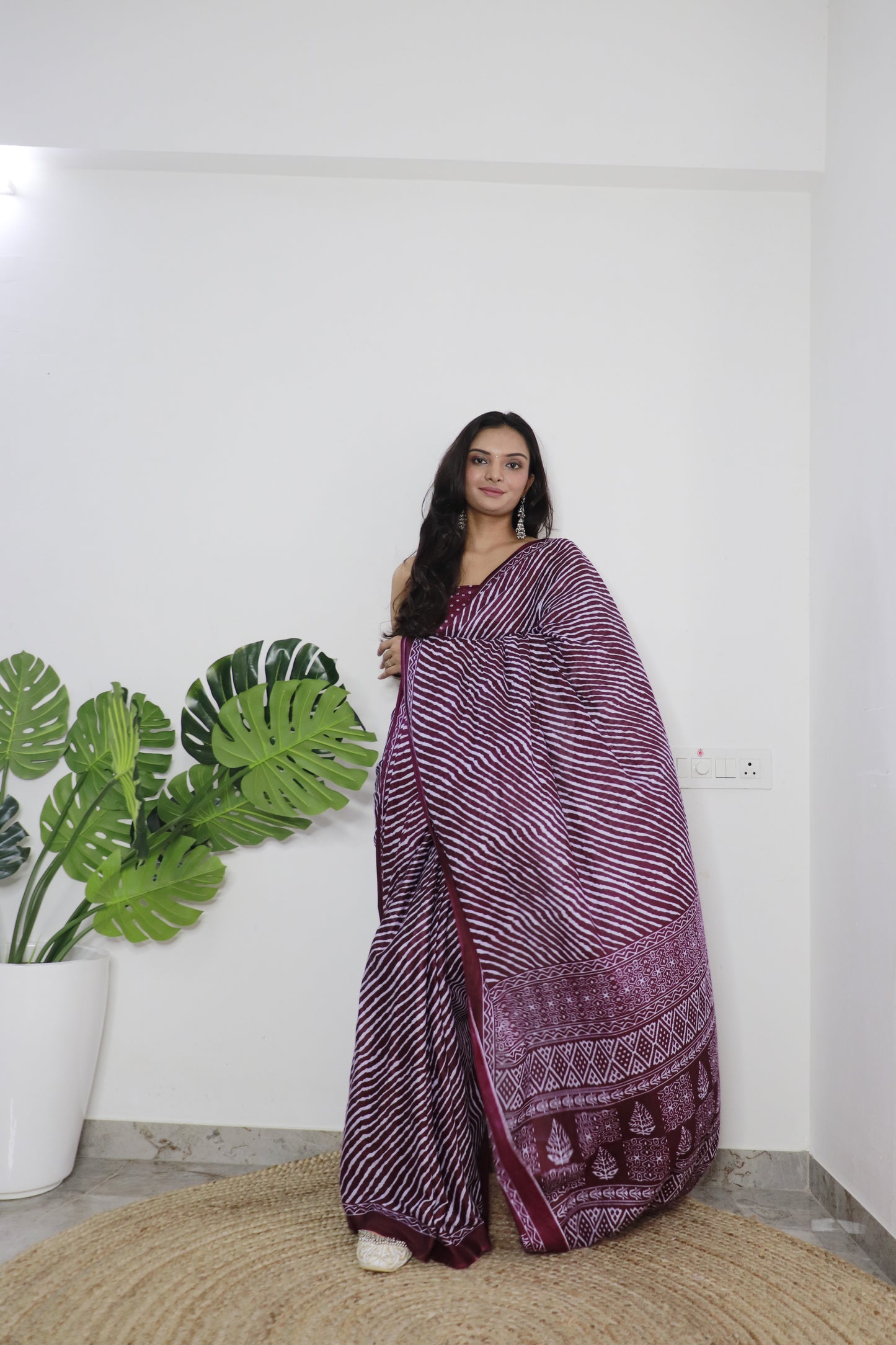 Wine Cotton Printed Saree