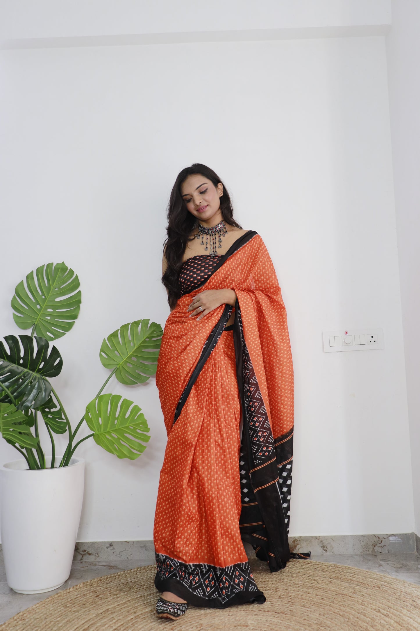 Orange-Black Cotton Printed Saree