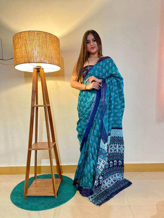 Sea Blue Cotton Mul Printed Saree