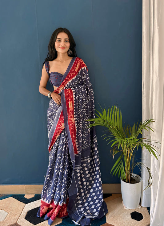 Designer Blue Cotton Mul Printed Saree