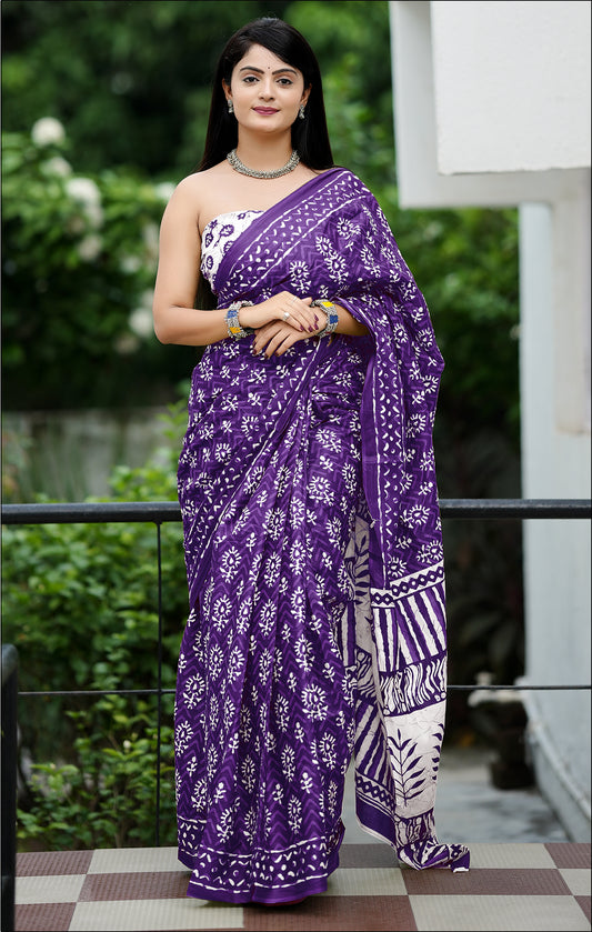 Purple Cotton Mul Printed Saree