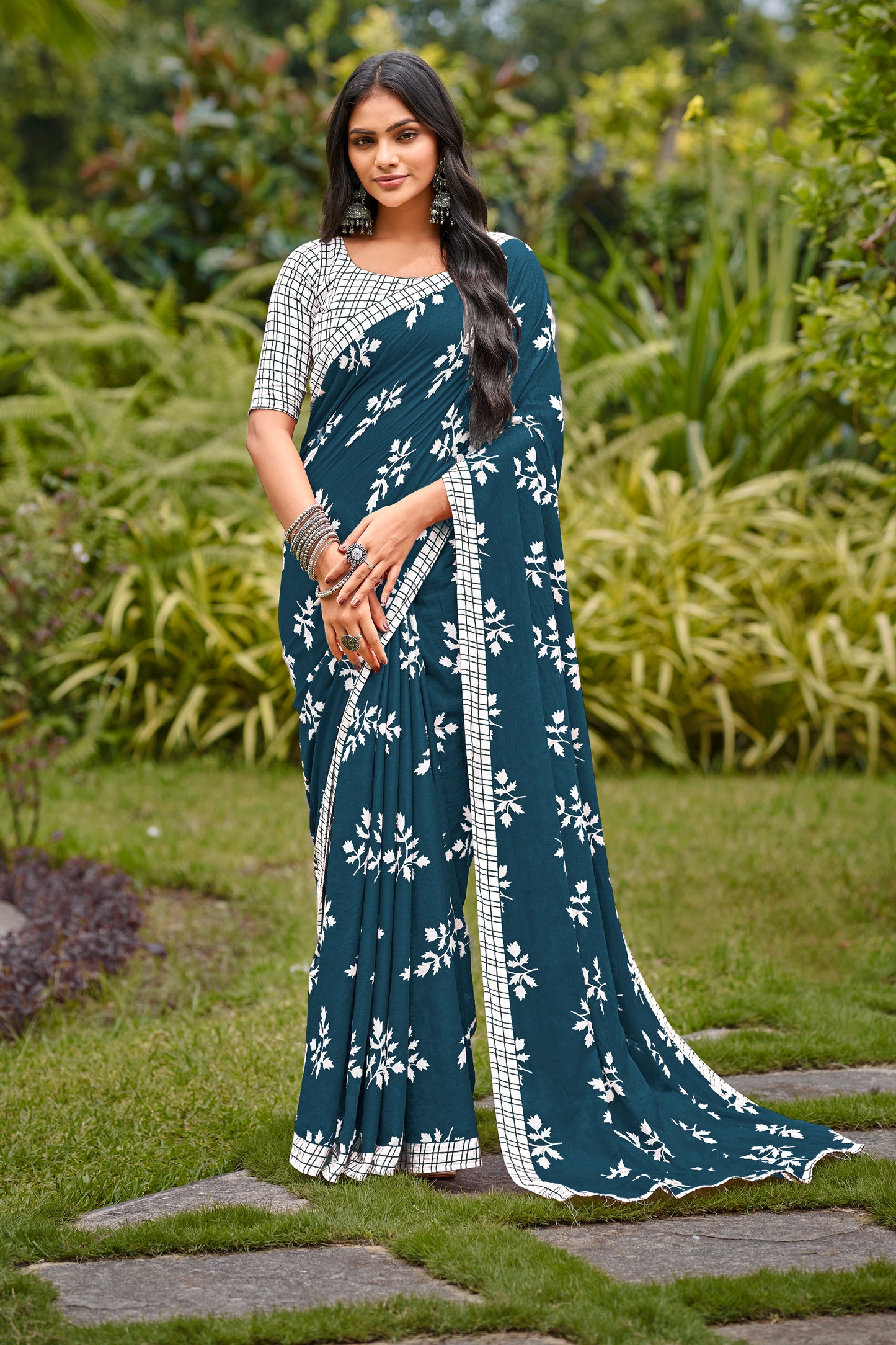 Teal Blue Cotton Mul Printed Saree