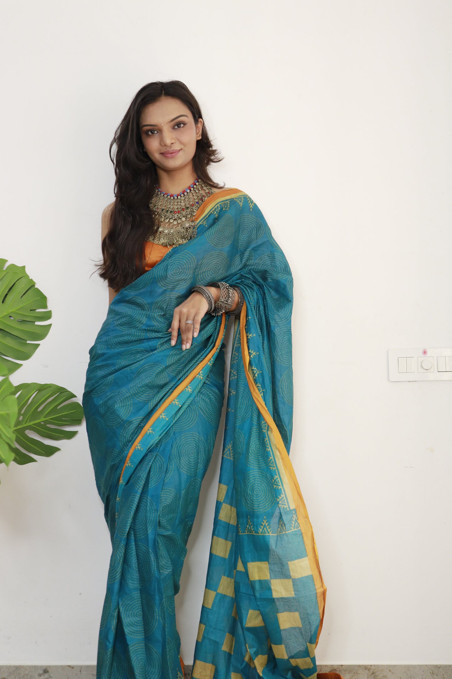 Teal Blue Cotton Printed Saree