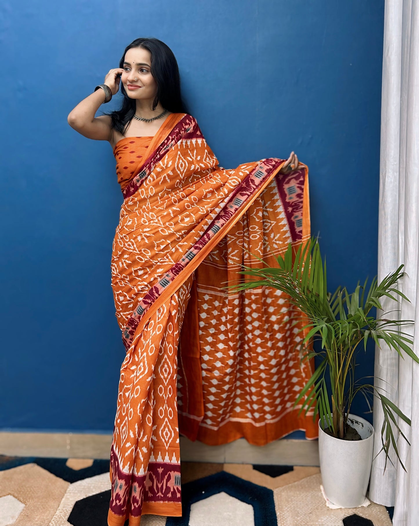 Blooming Orange Cotton Mul Printed Saree