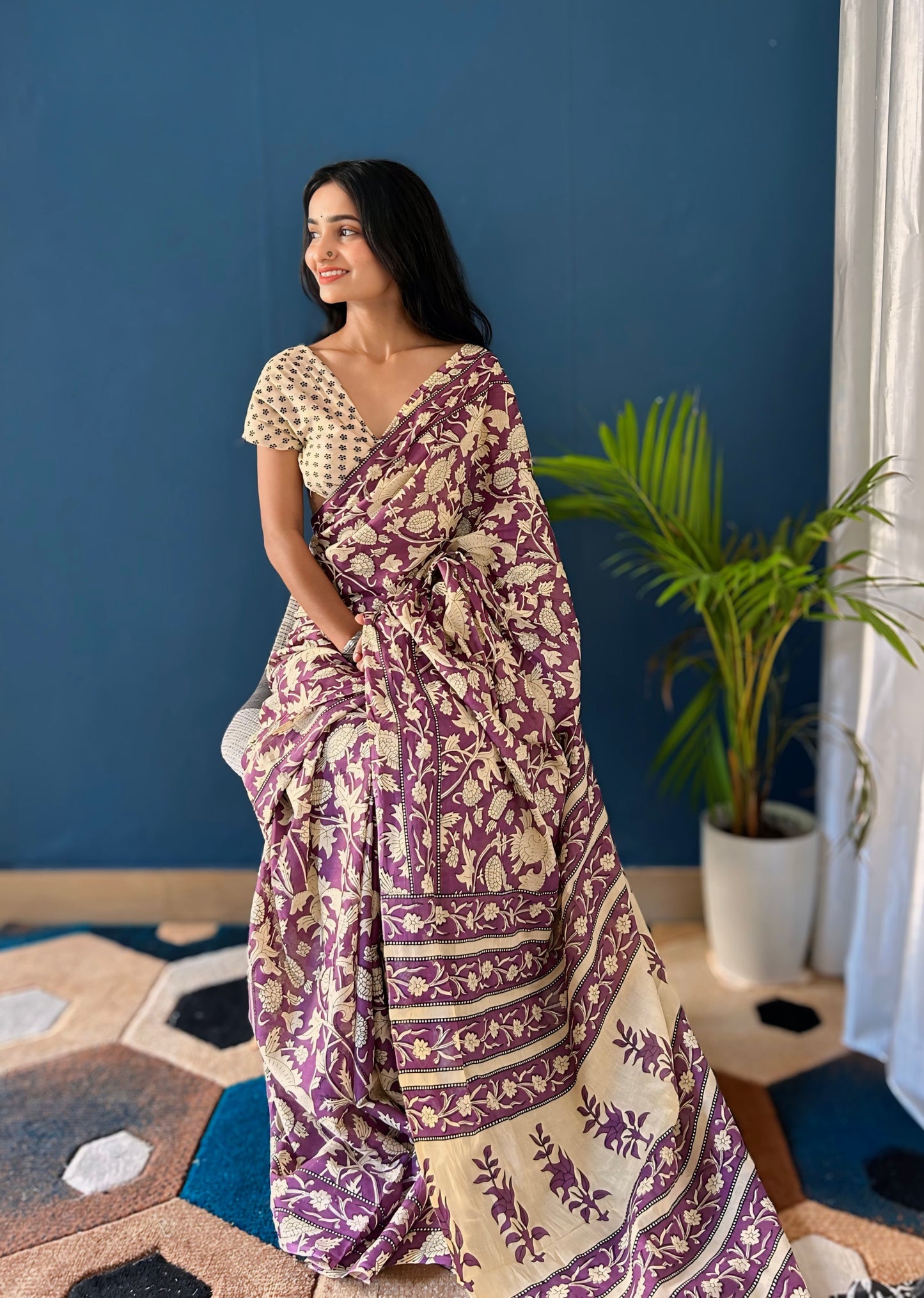 Creamy-Wine Cotton Mul Printed Saree