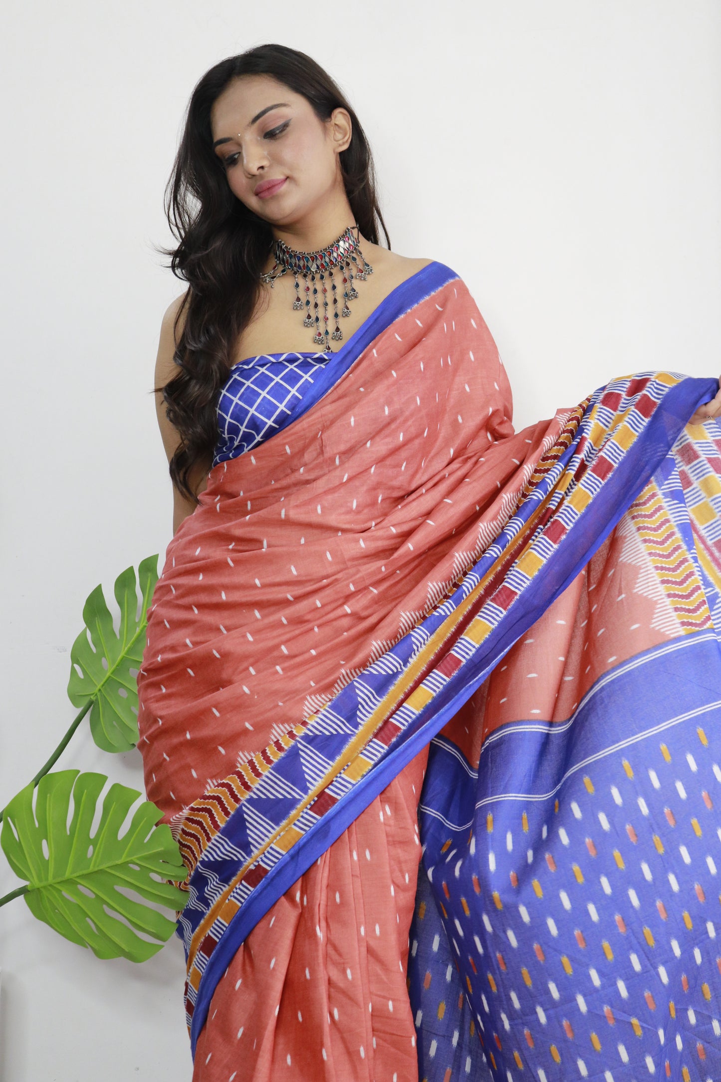 Peach-Blue Cotton Printed Saree