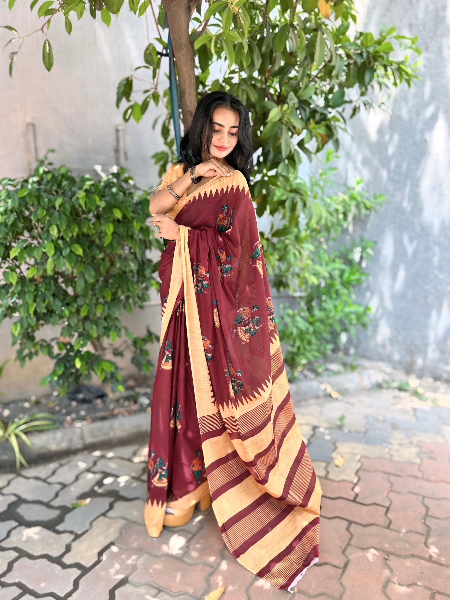 Maroon Cotton Mul Printed Saree