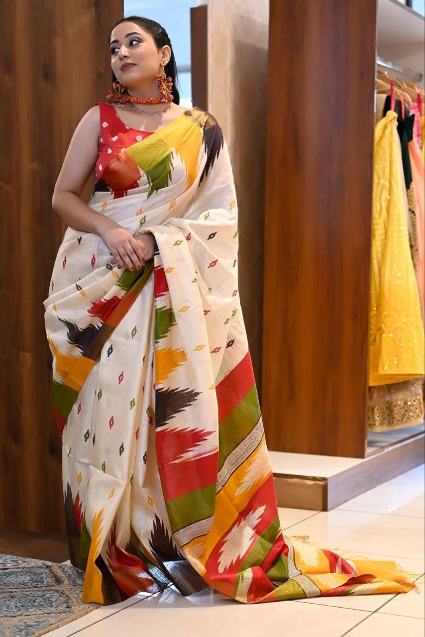 Colorful-White Cotton Mul Printed Saree