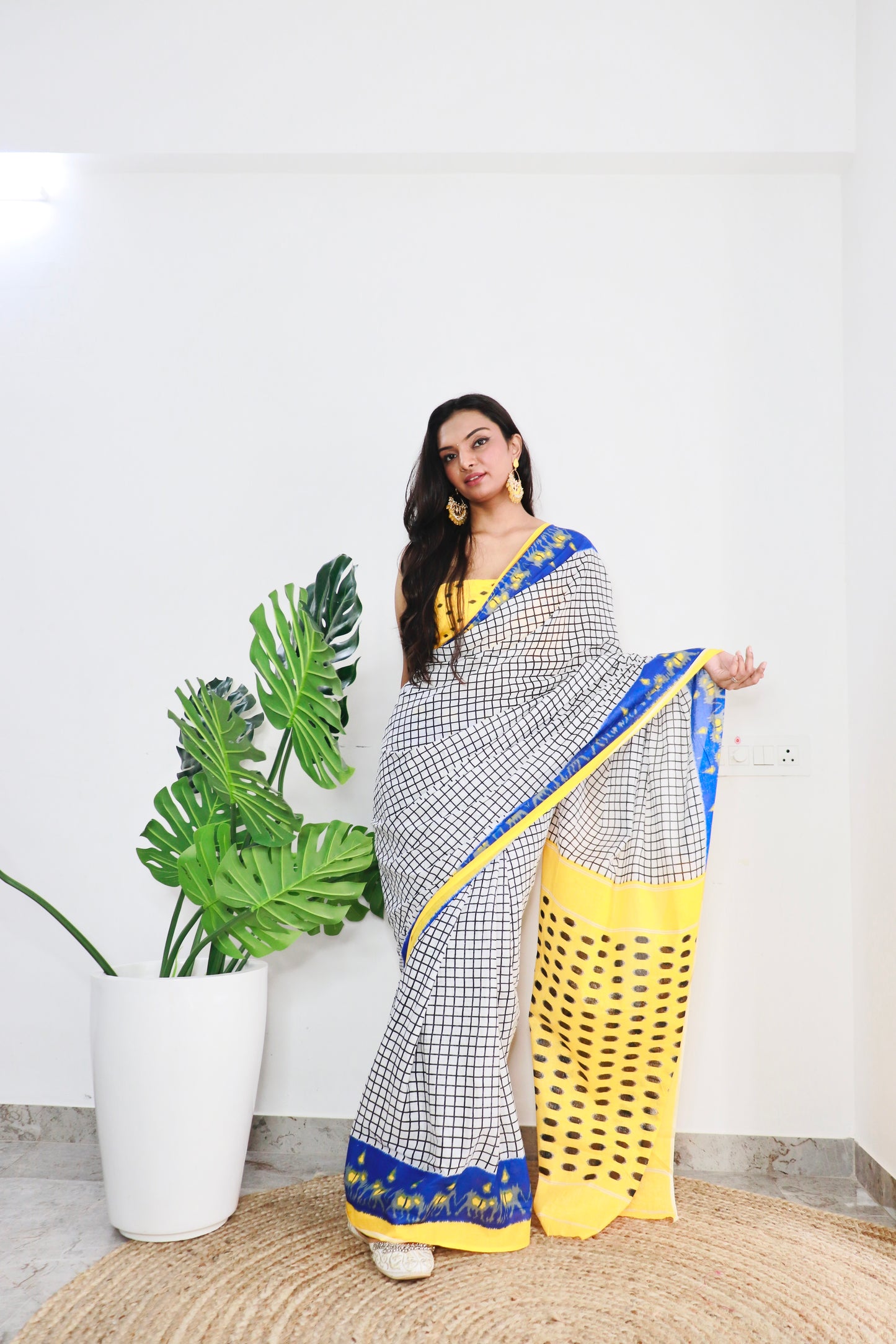 Yellow-White Cotton Printed Saree