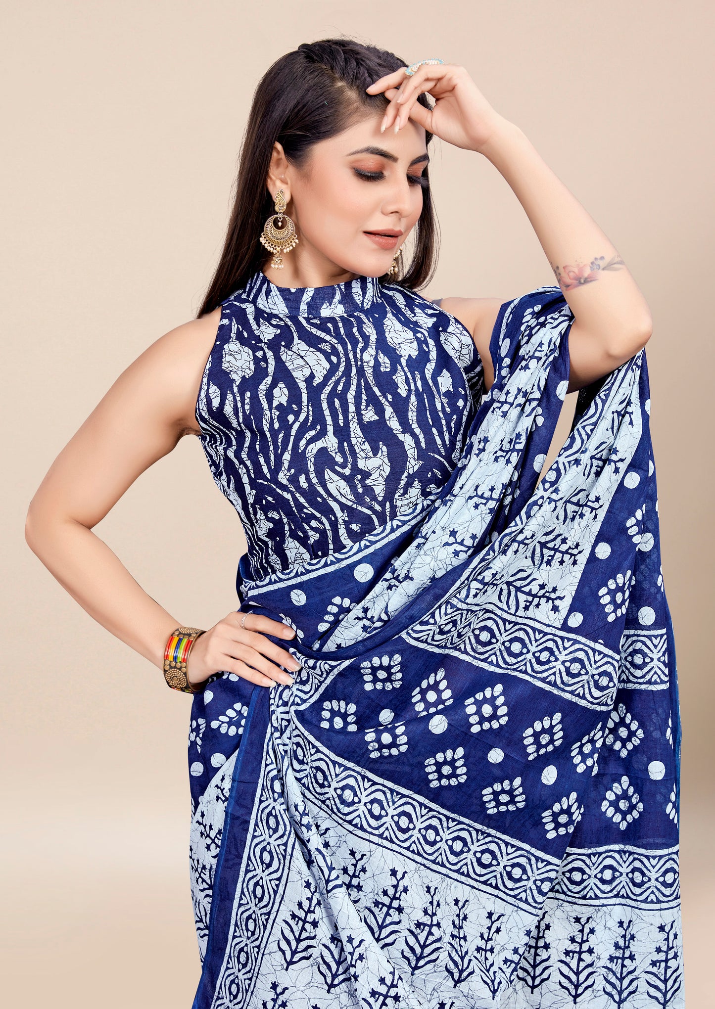 Navy Blue Cotton Mul Printed Saree