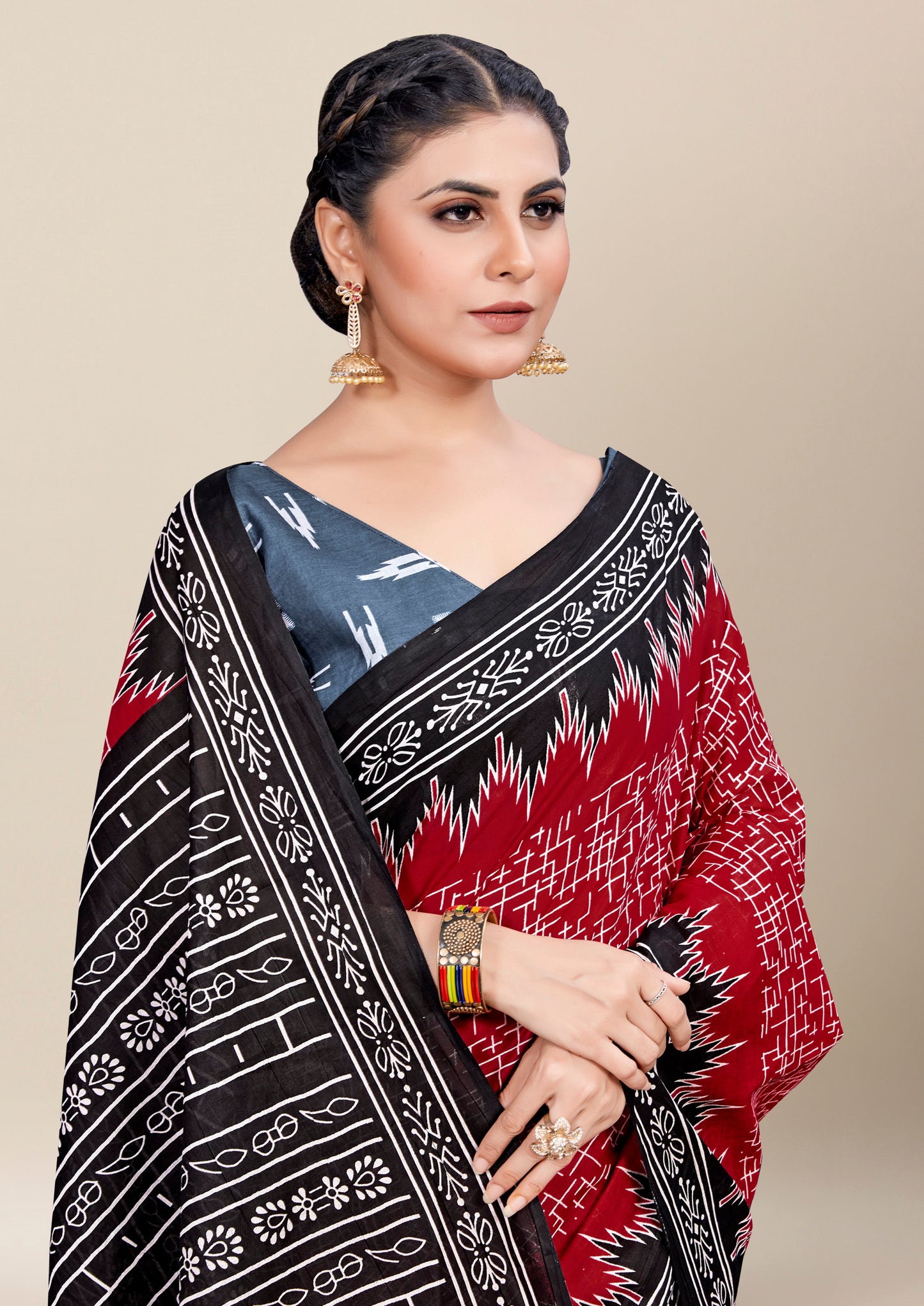 Red-Black Cotton Mul Printed Saree