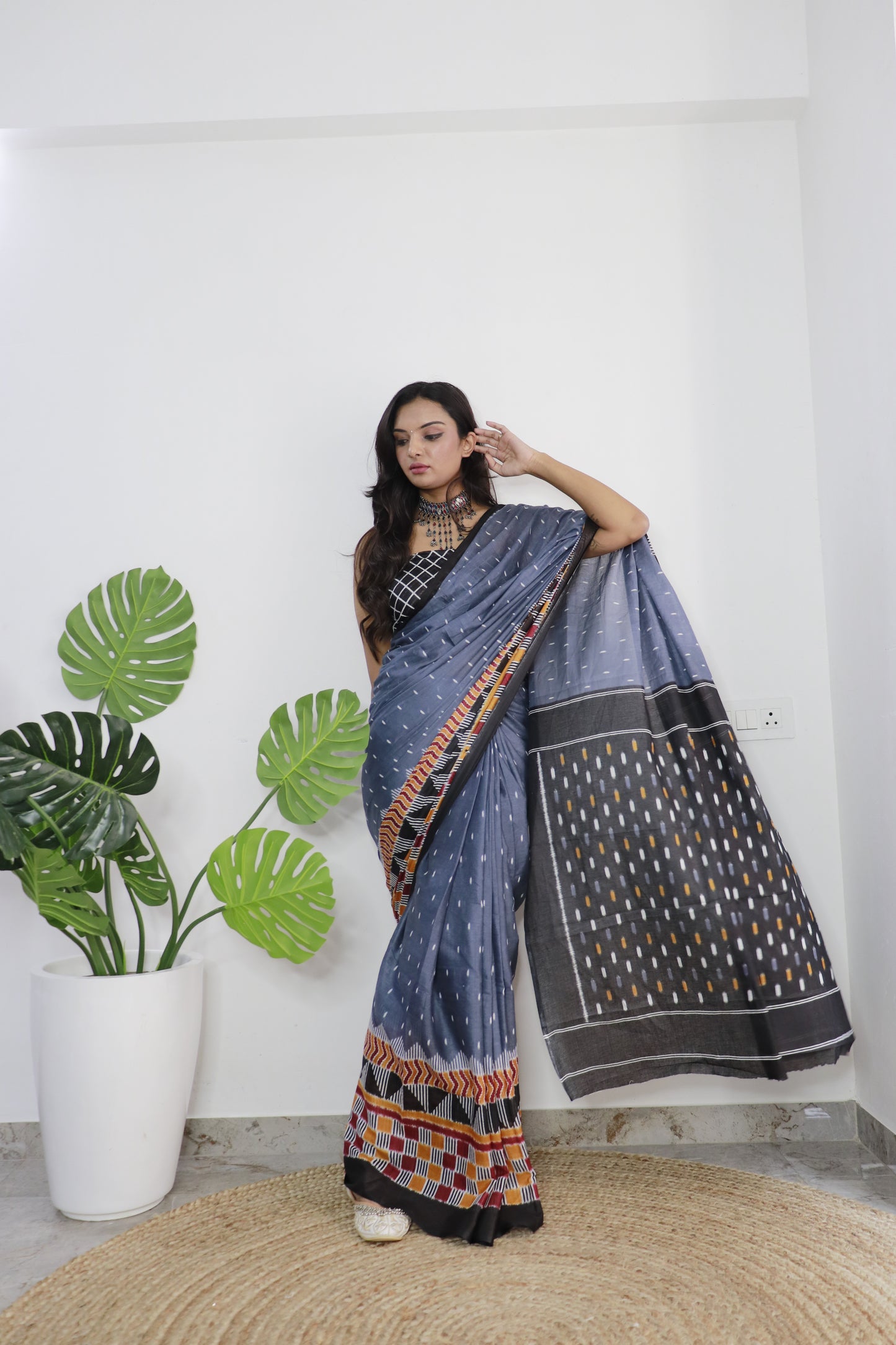 Blue Cotton Printed Saree