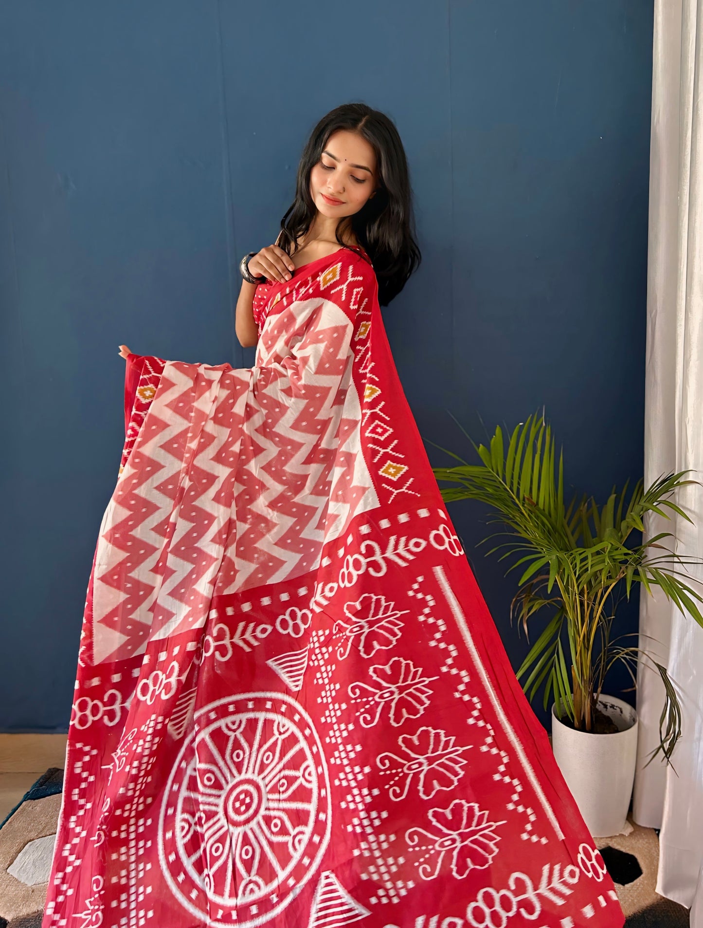 White-Cheery Red Cotton Mul Printed Saree