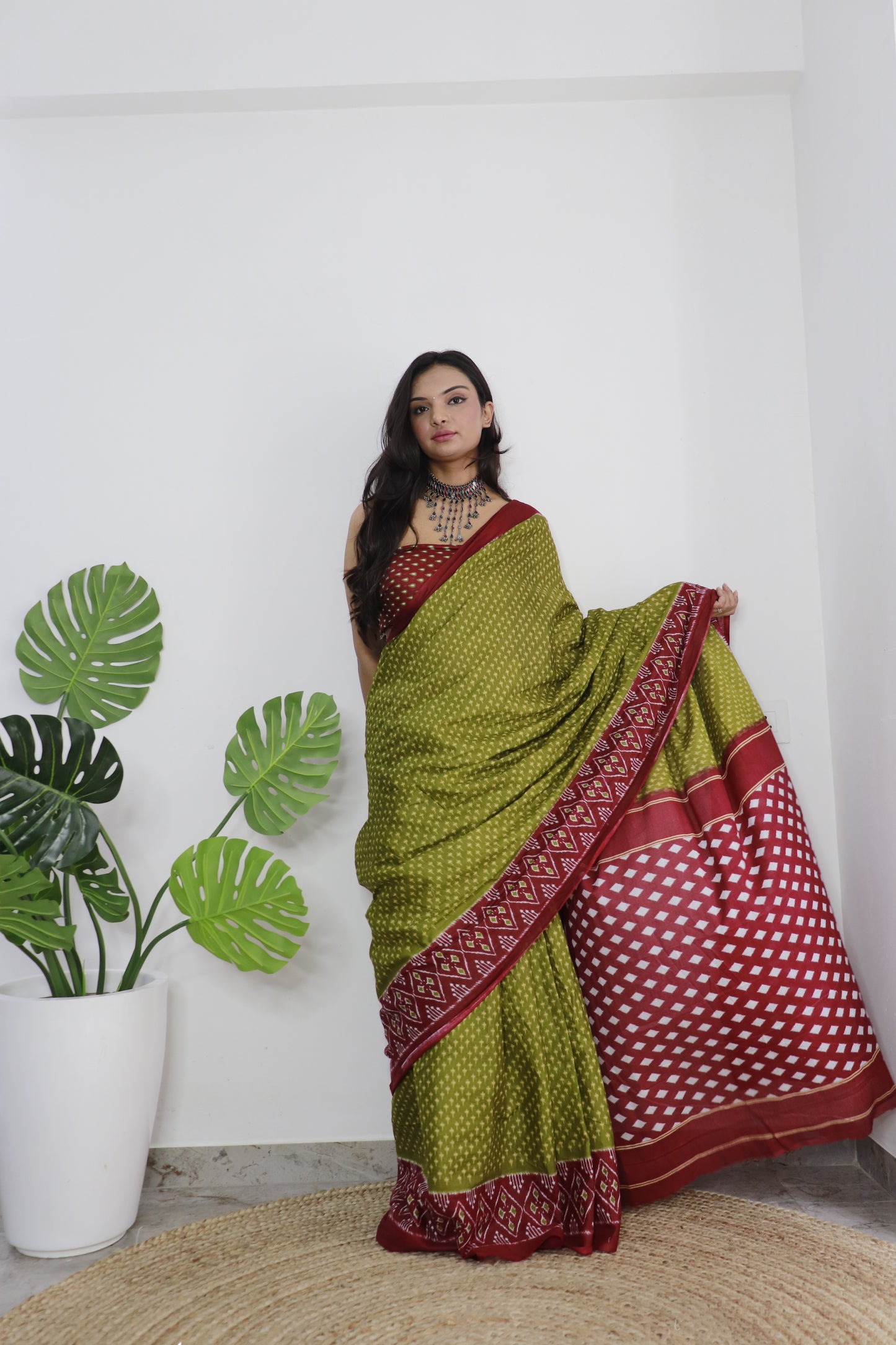 Maroon-Mehendi Cotton Printed Saree