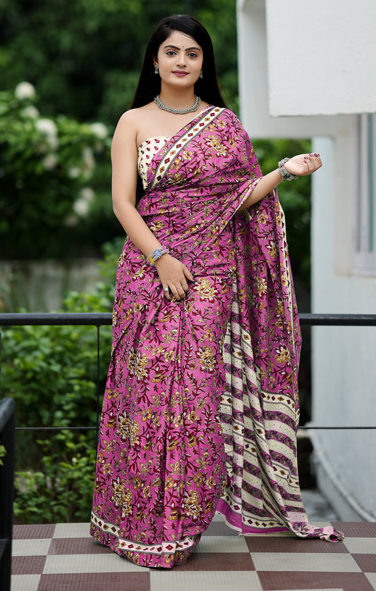 Onion Cotton Mul Printed Saree