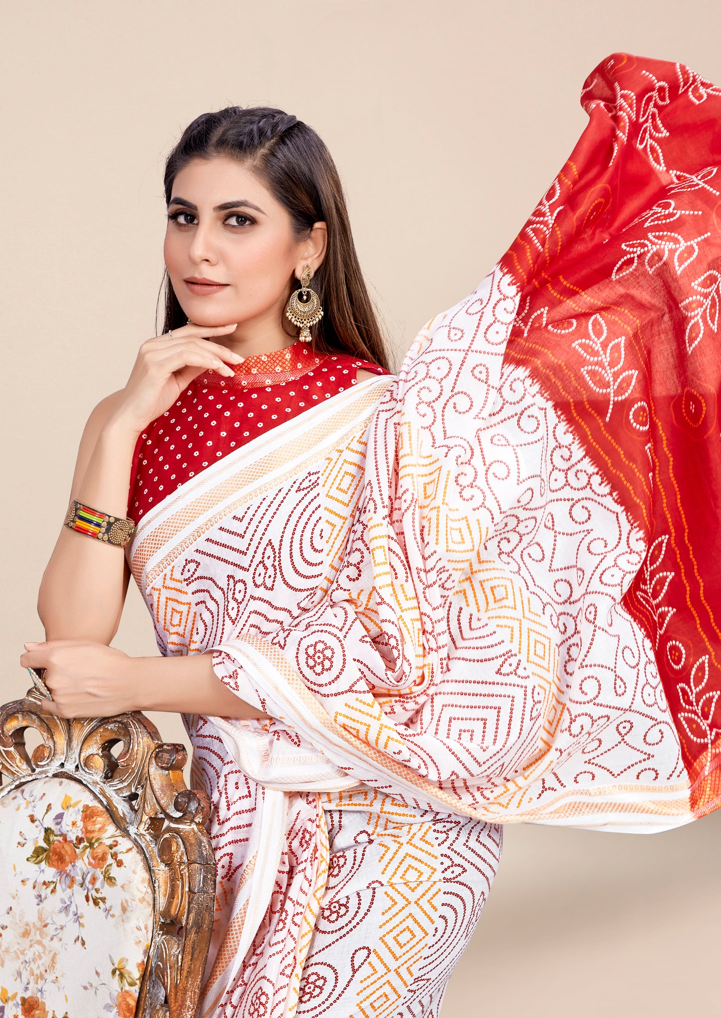 Reddish-White Cotton Mul Printed Saree