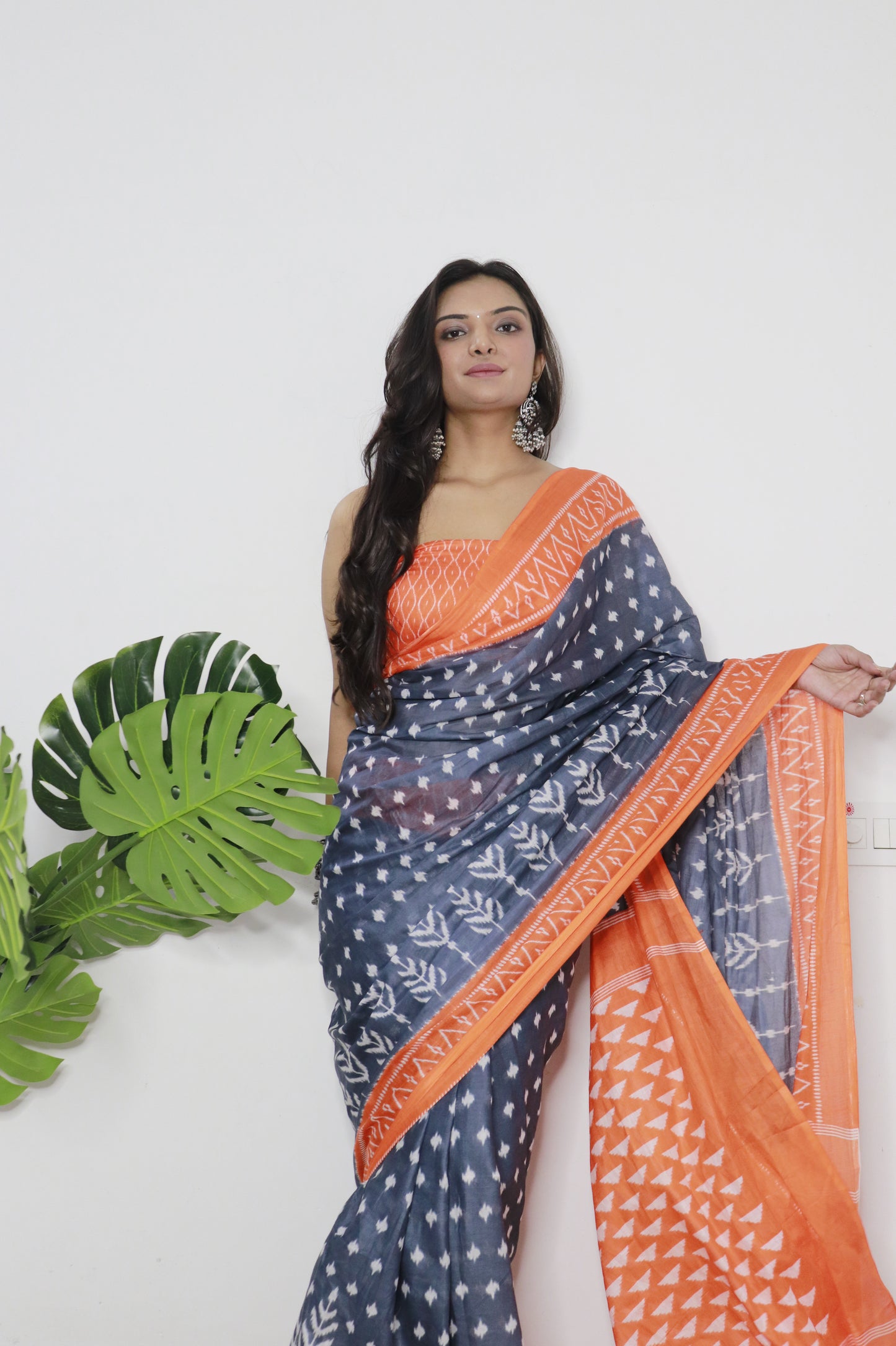 Orange-Grey Cotton Printed Saree