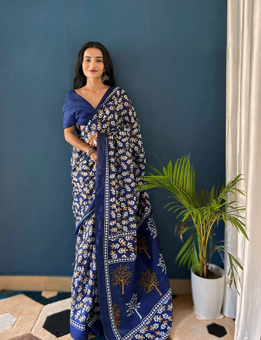 Blue Cotton Mul Printed Saree