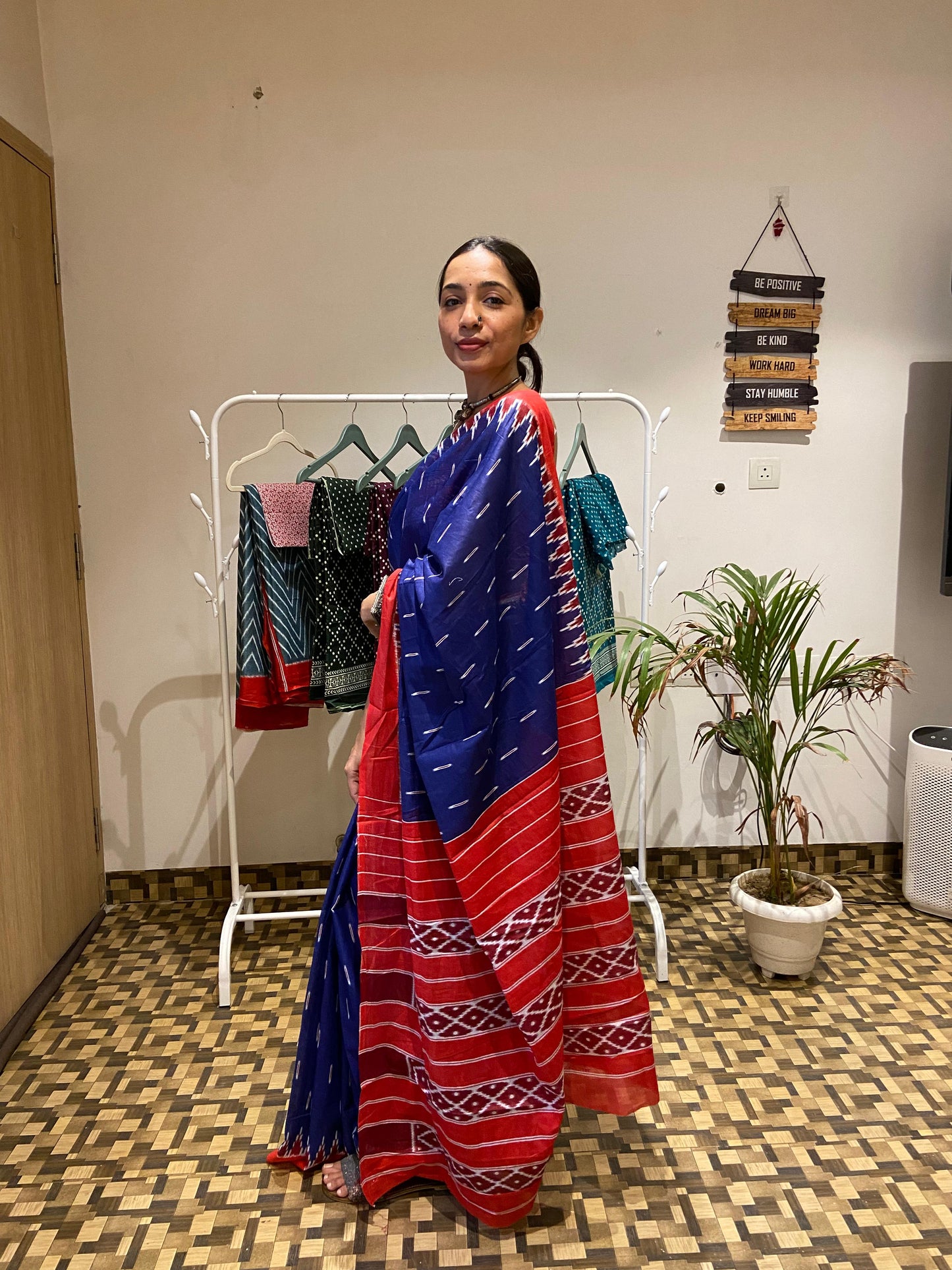 Blue-Red Cotton Printed Saree