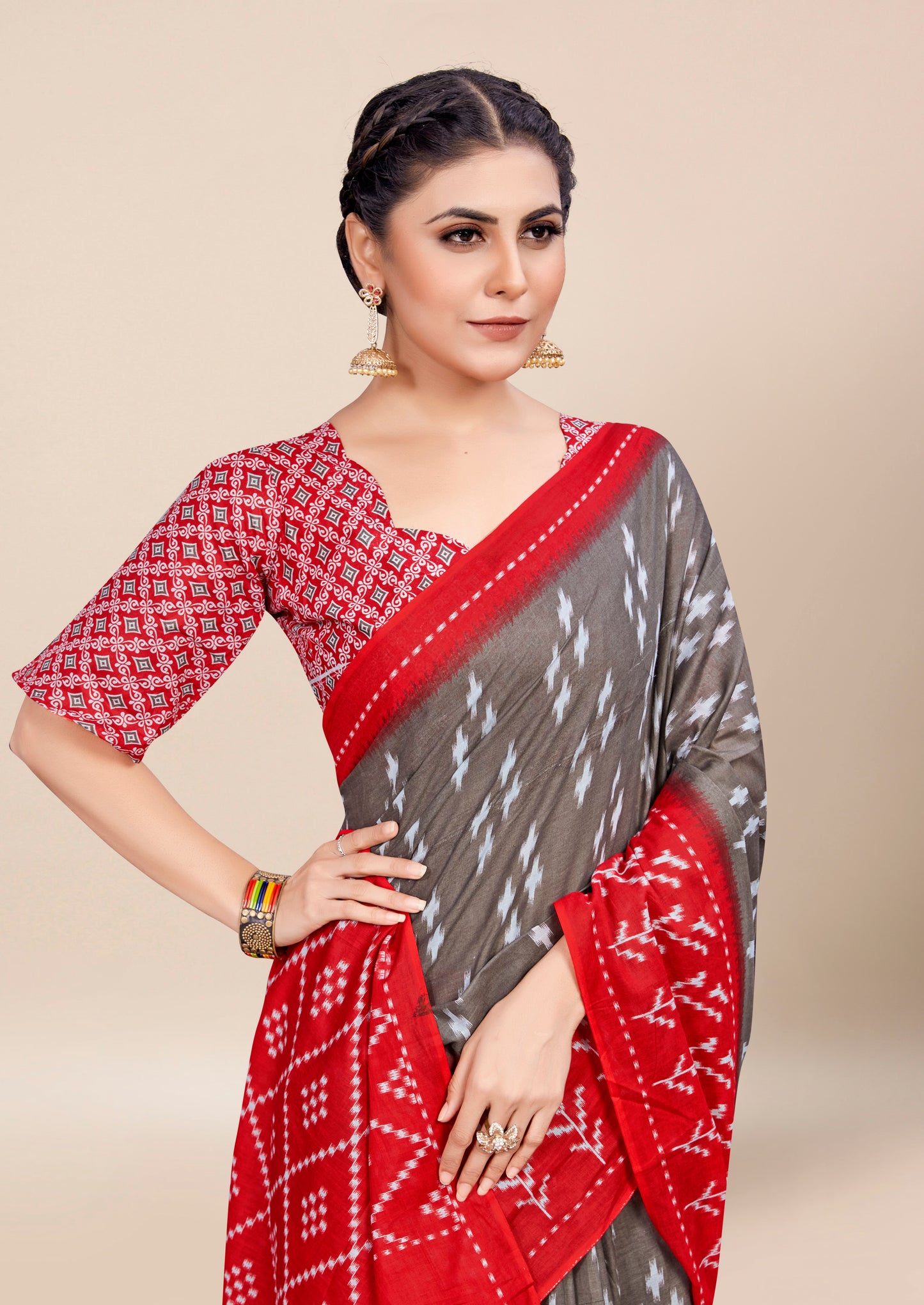 Red-Grey Cotton Mul Printed Saree