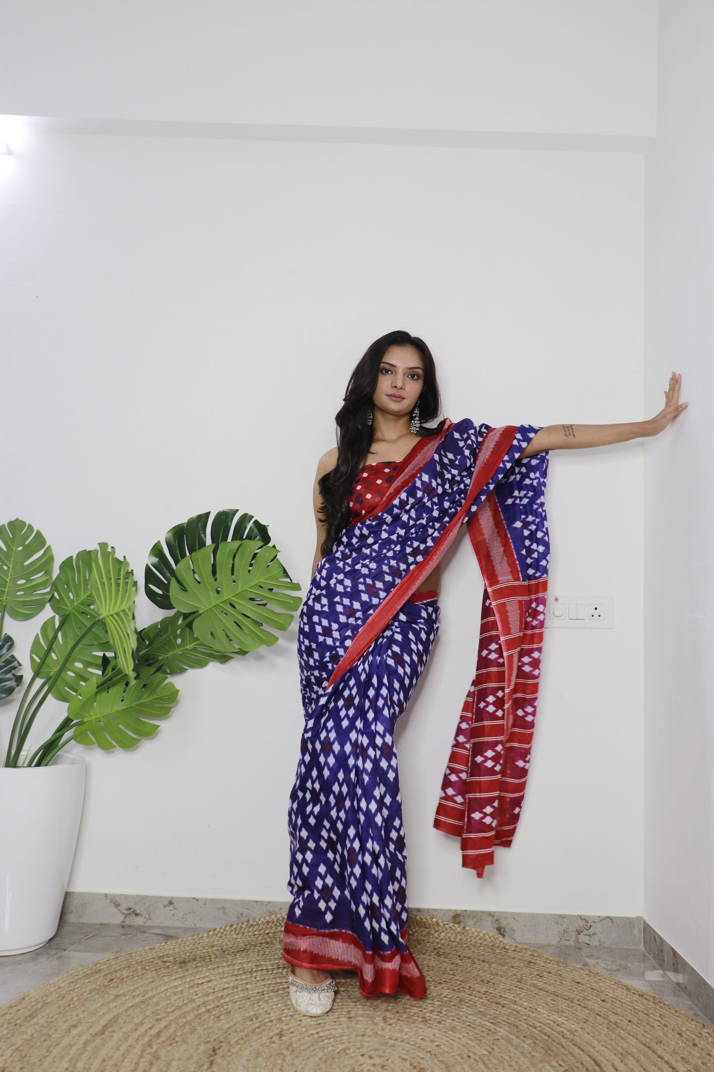 Blue-Red Cotton Printed Saree