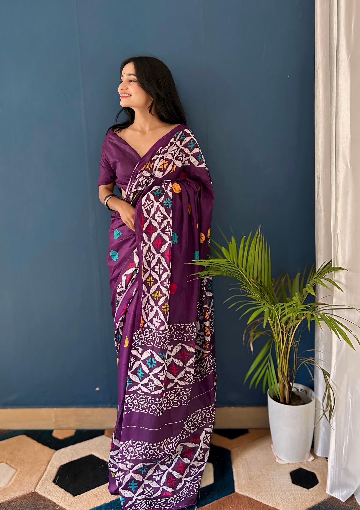 Wine Cotton Mul Printed Saree