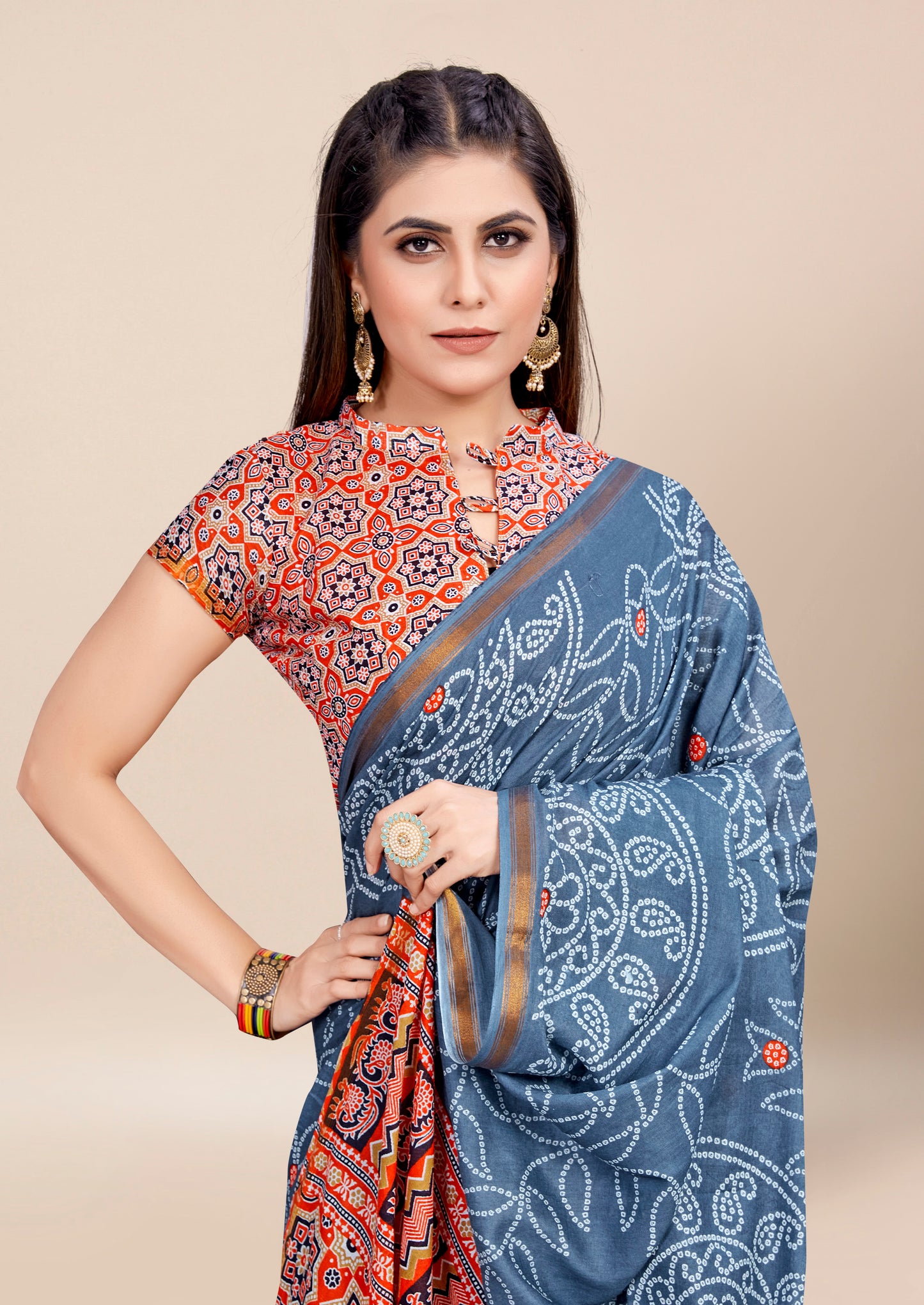 Teal Blue Cotton Mul Printed Saree