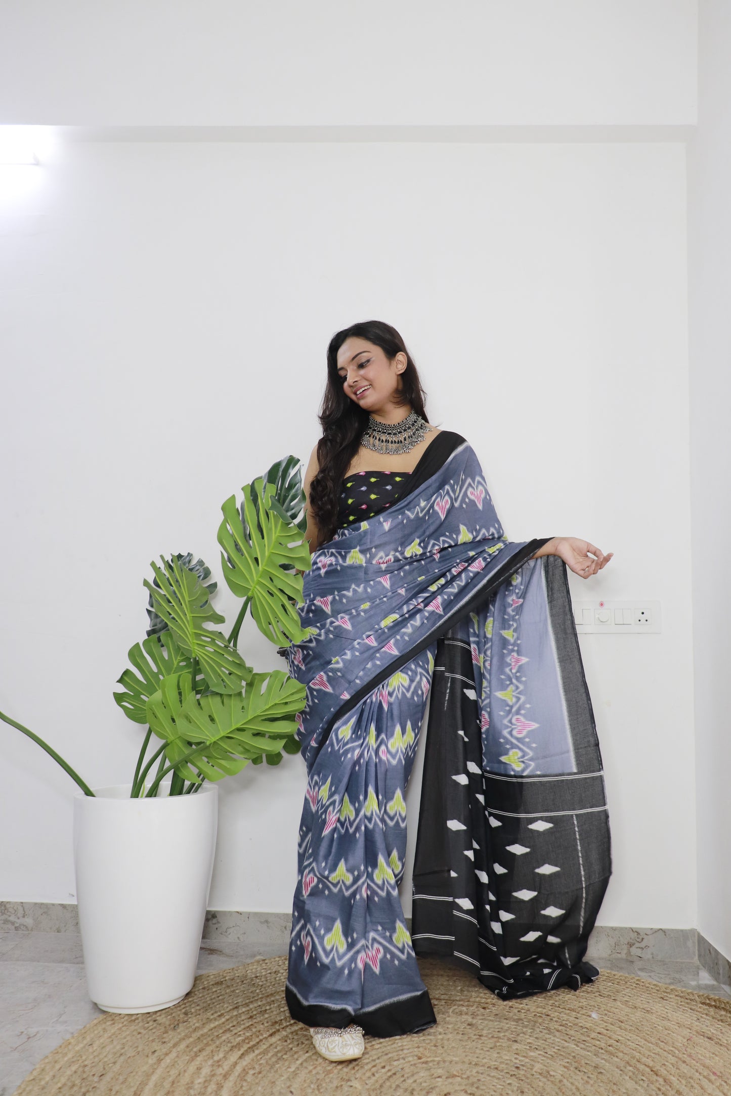 Black-Grey Cotton Printed Saree