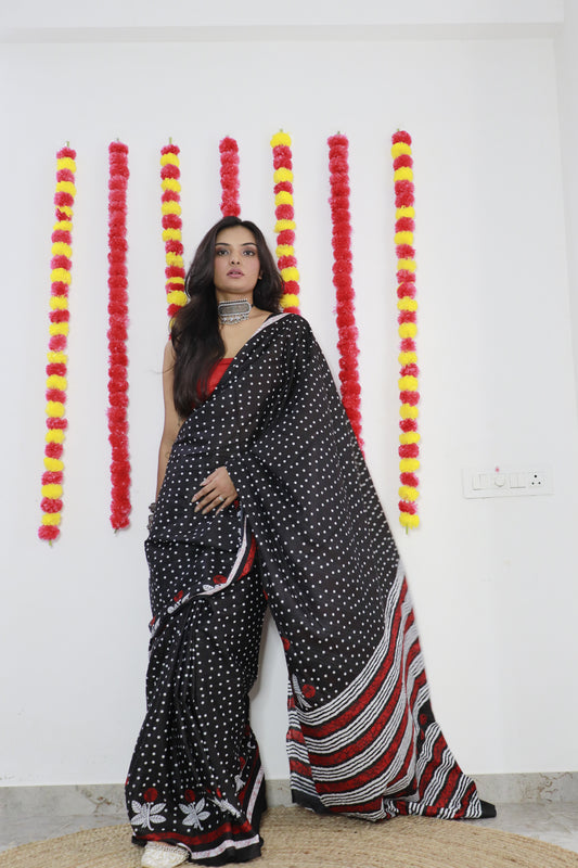 Black Cotton Mul Printed Saree