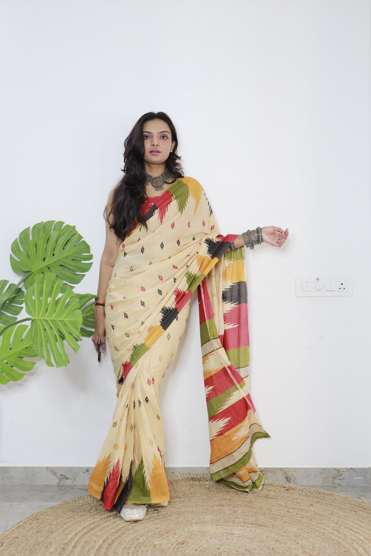 Cream Cotton Printed Saree