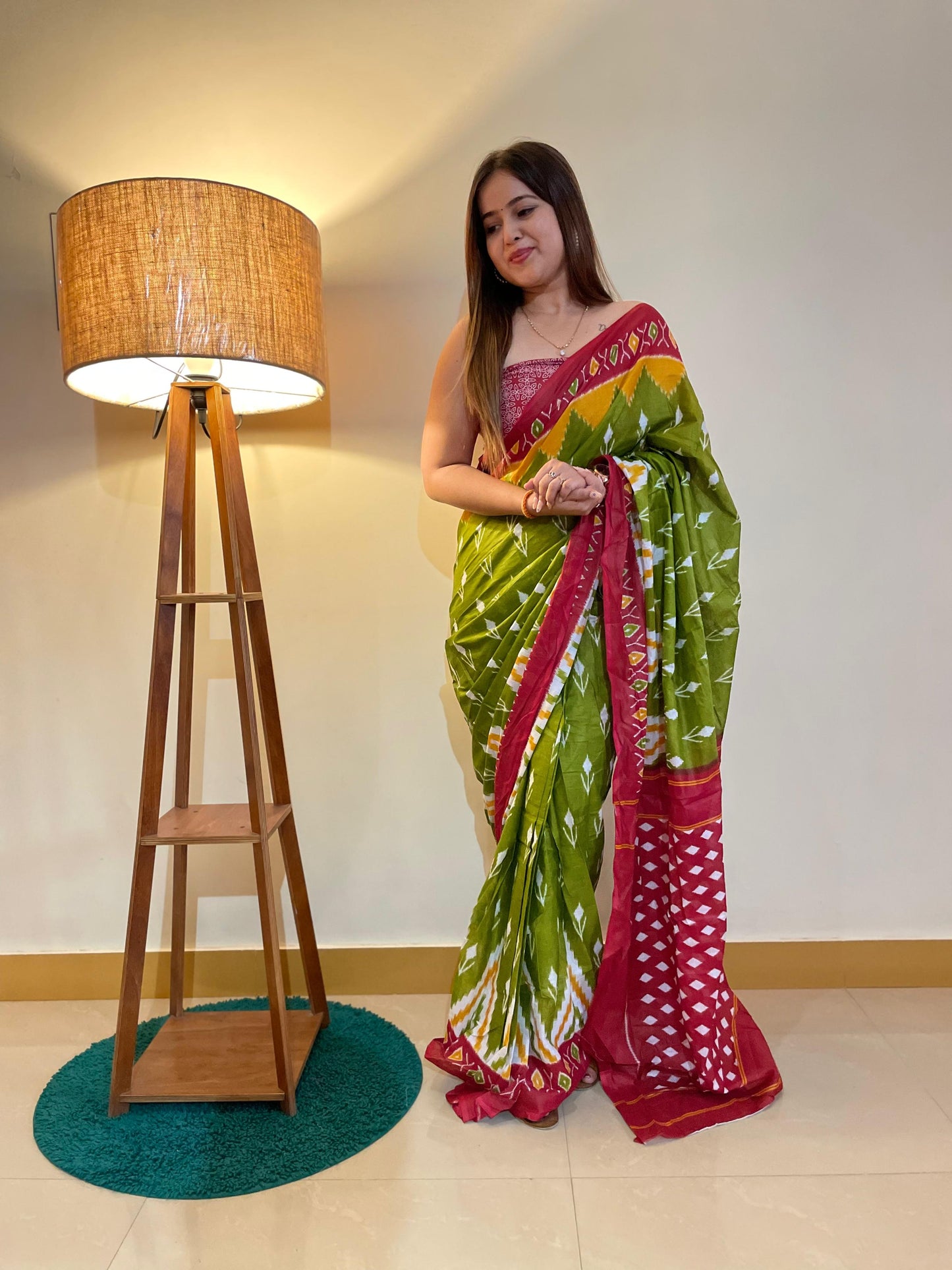 Green-Red Cotton Mul Printed Saree