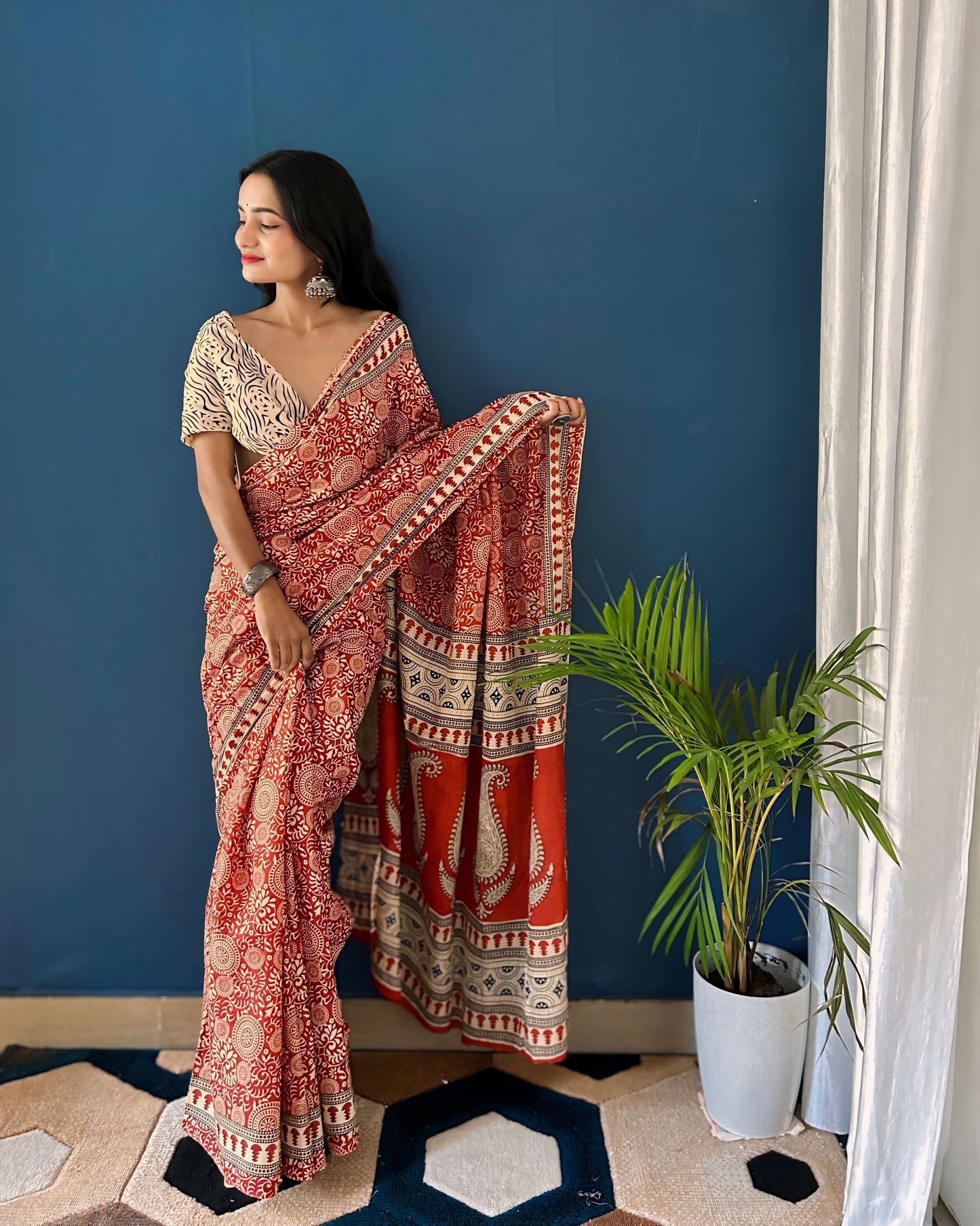 Red Cotton Mul Printed Saree