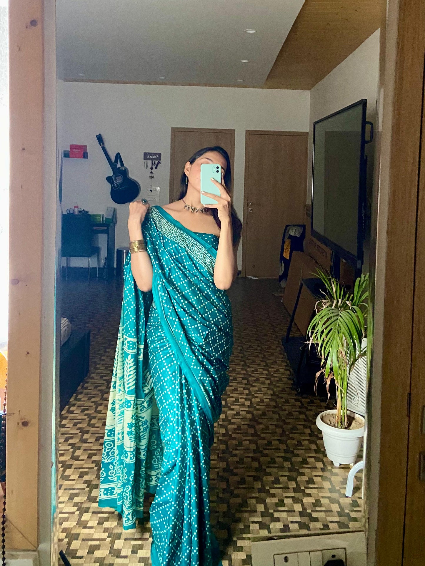 Teal Blue Cotton Printed Saree