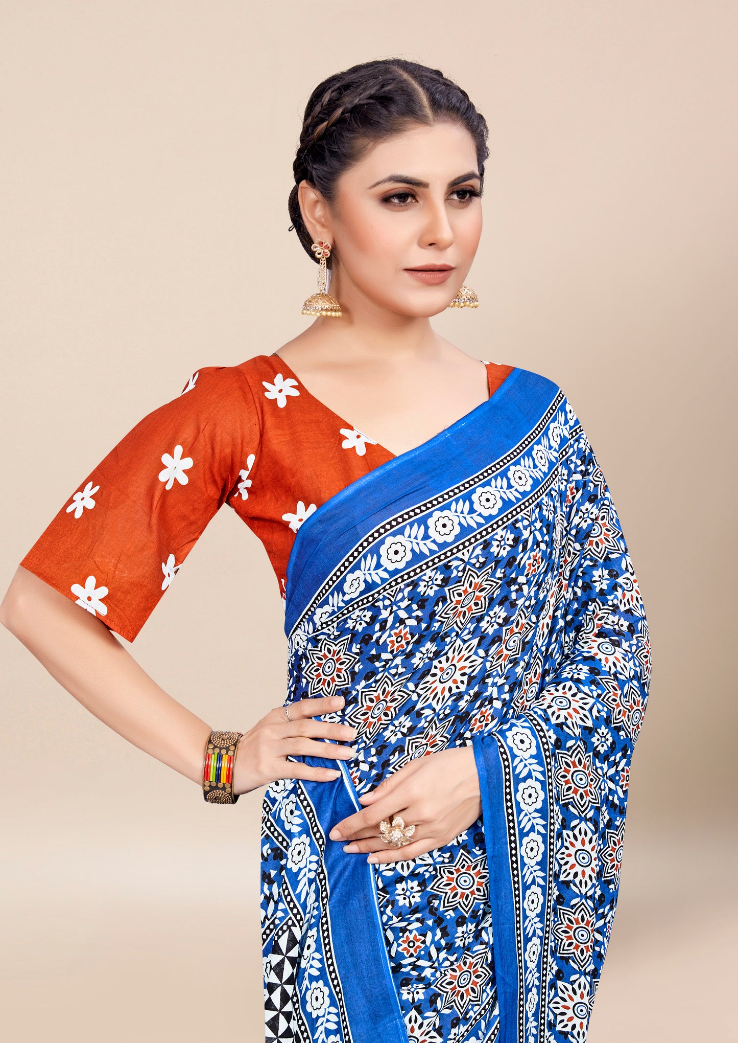 Designer Blue Cotton Mul Printed Saree