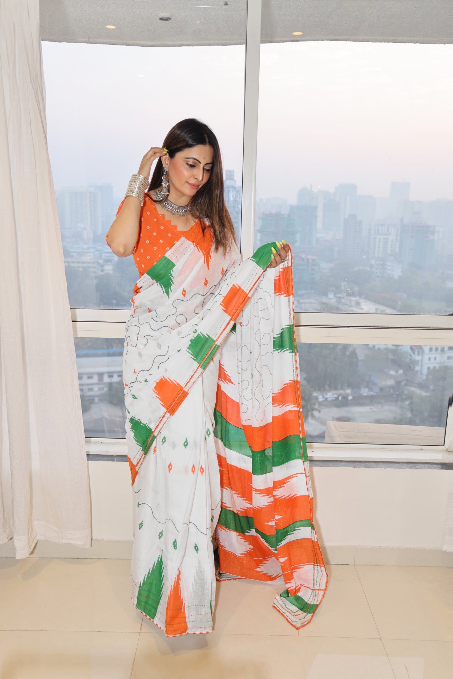 White Cotton Printed Saree