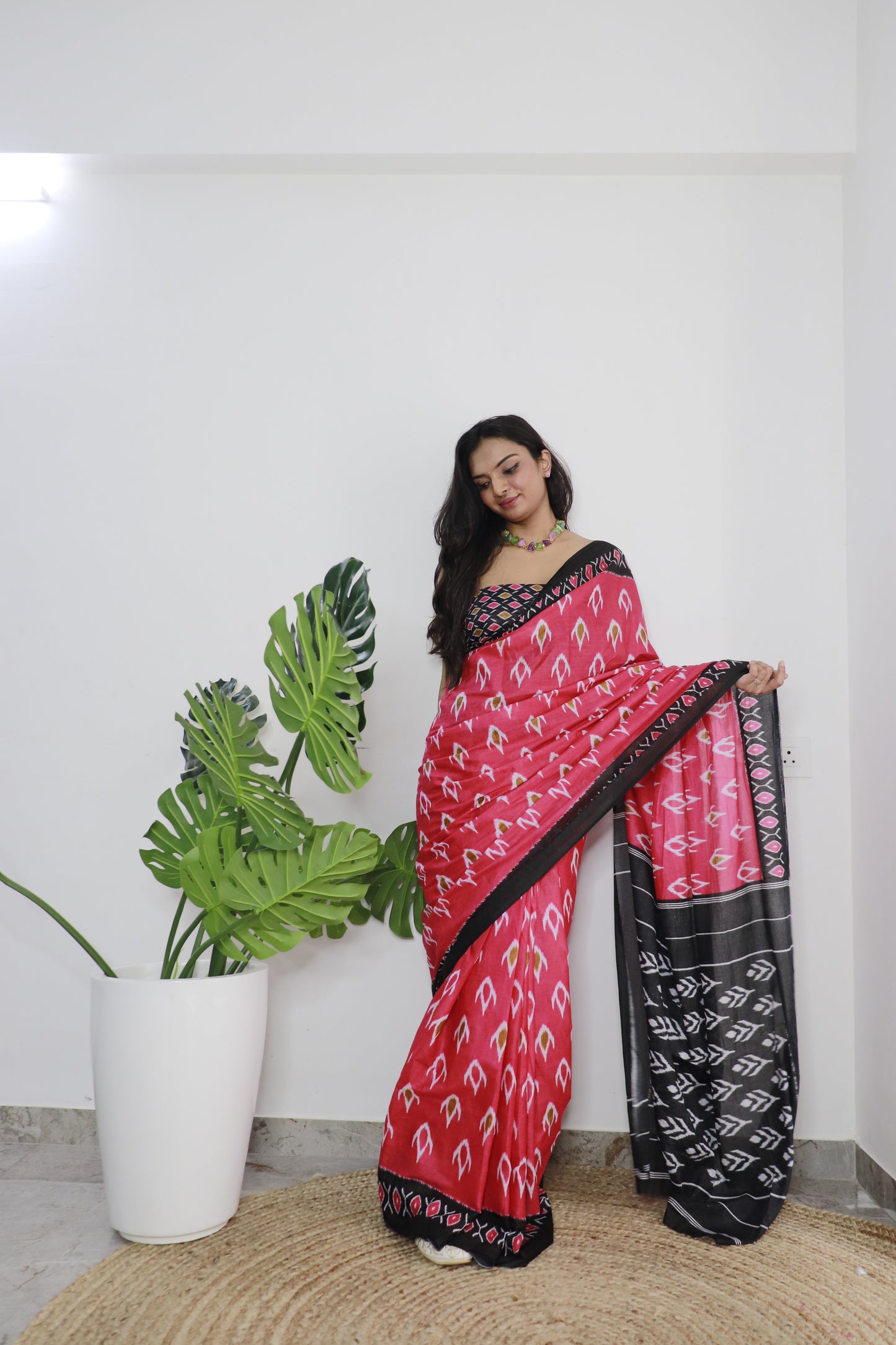 Pink Cotton Printed Saree