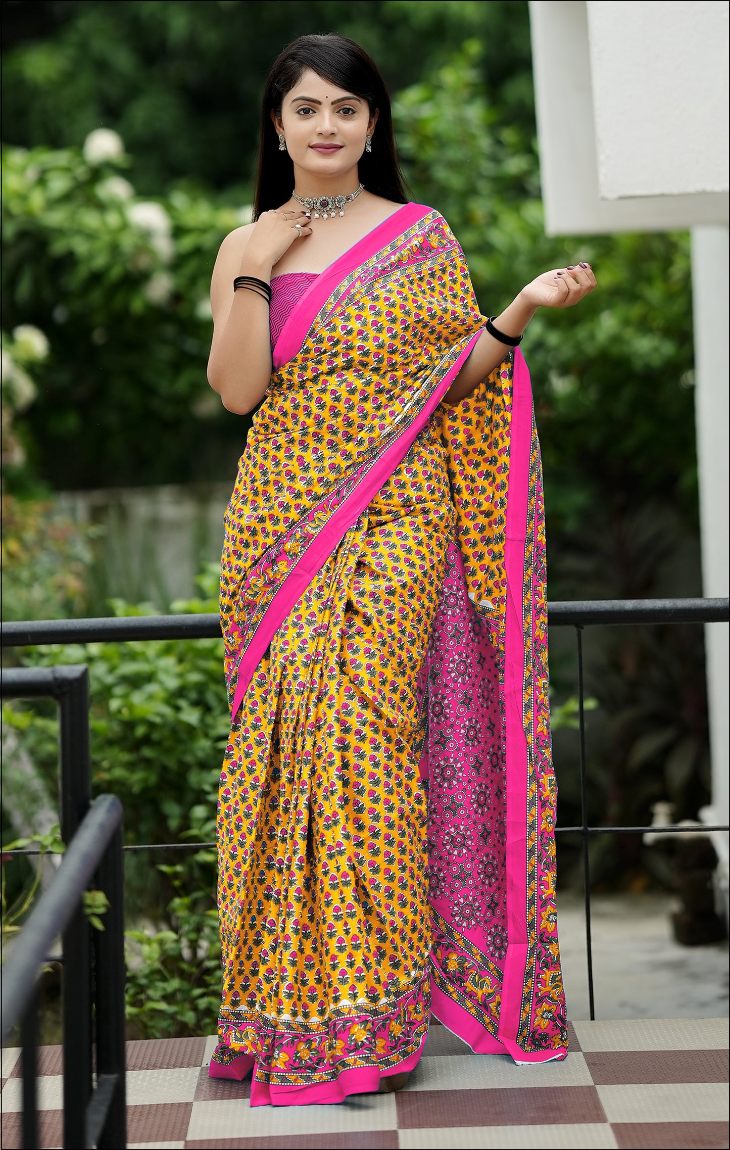 Yellow-Pink Cotton Mul Printed Saree