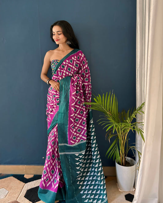 Purple-Teal Blue Cotton Mul Printed Saree