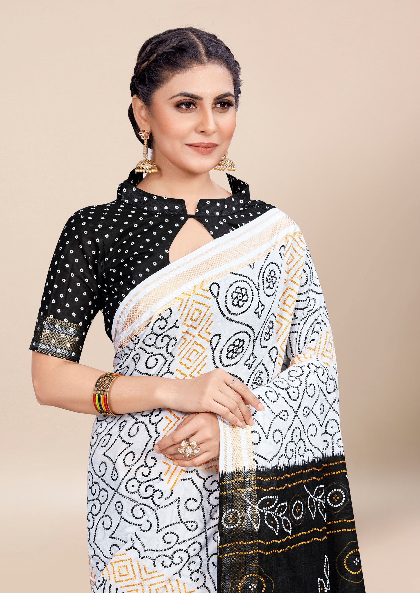 White-Black Cotton Mul Printed Saree