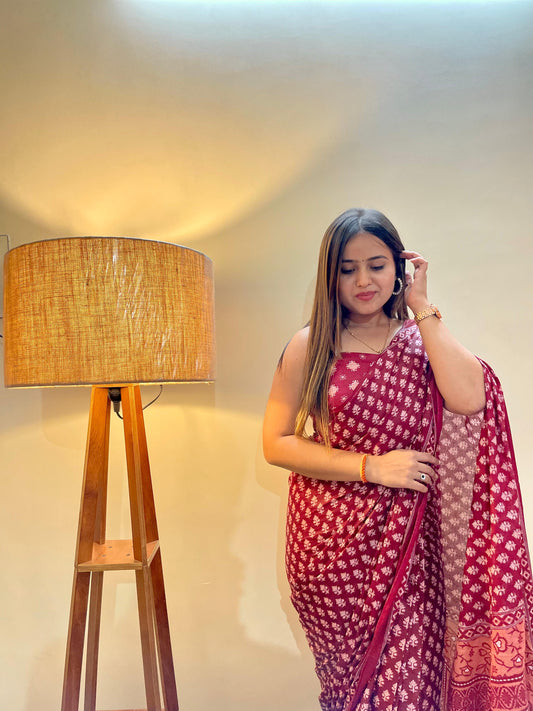 Maroon Cotton Mul Printed Saree