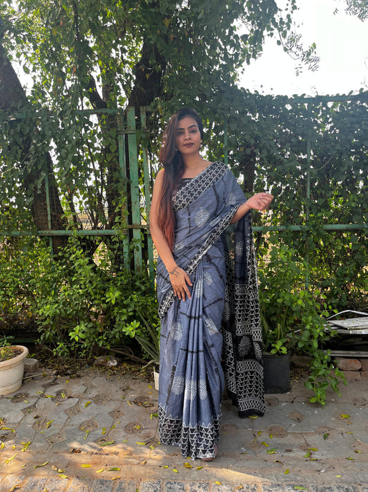 Grey Cotton Mul Printed Saree