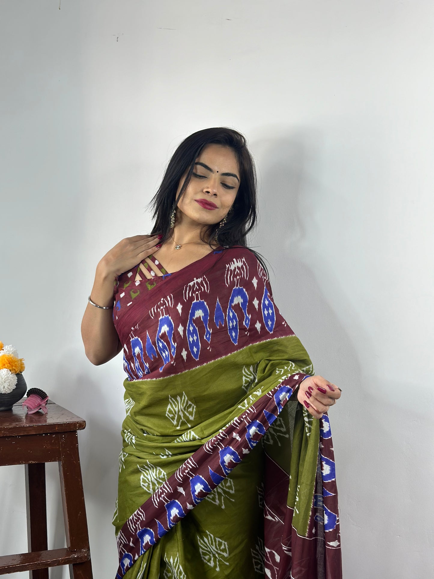 Green-Coffee Cotton Mul Printed Saree