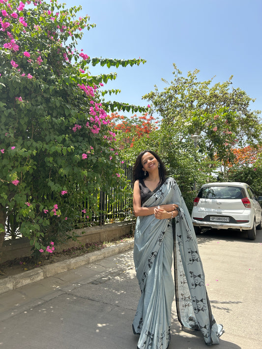 Grey Cotton Mul Printed Saree