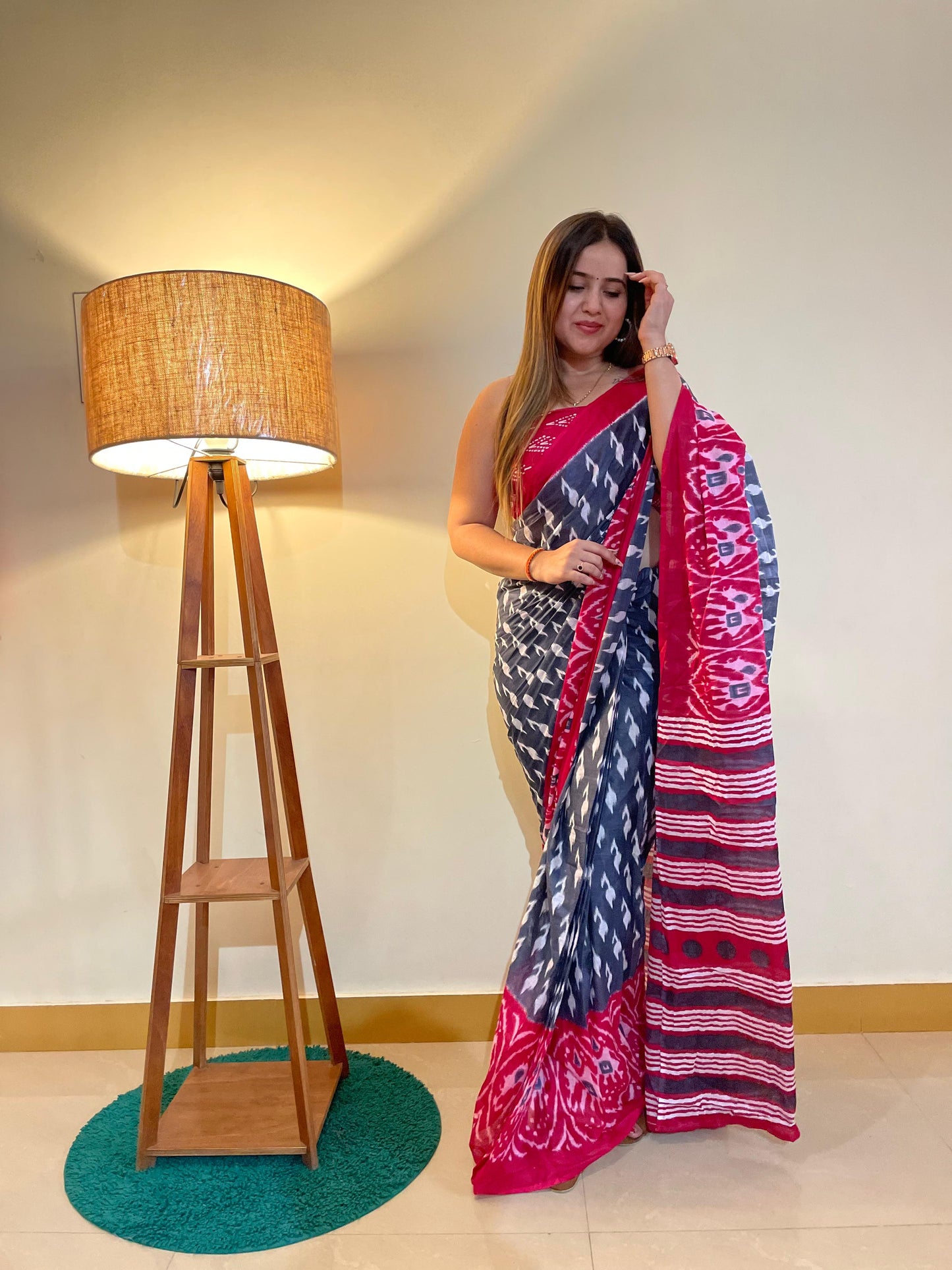 Pink-Grey Cotton Mul Printed Saree