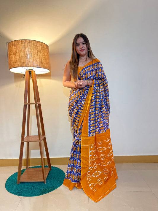 Blue-Yellow Cotton Mul Printed Saree