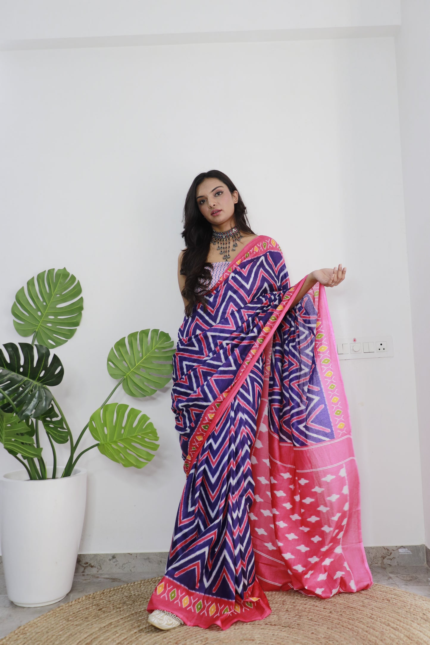 Blue-Pink Cotton Printed Saree