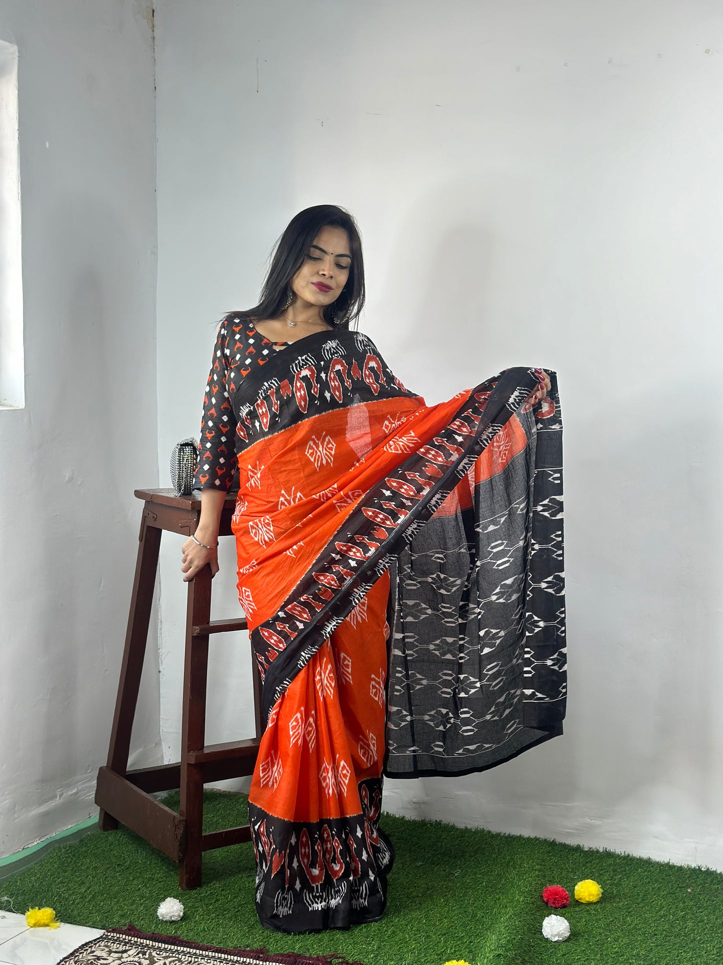 Black-Orange Cotton Mul Printed Saree