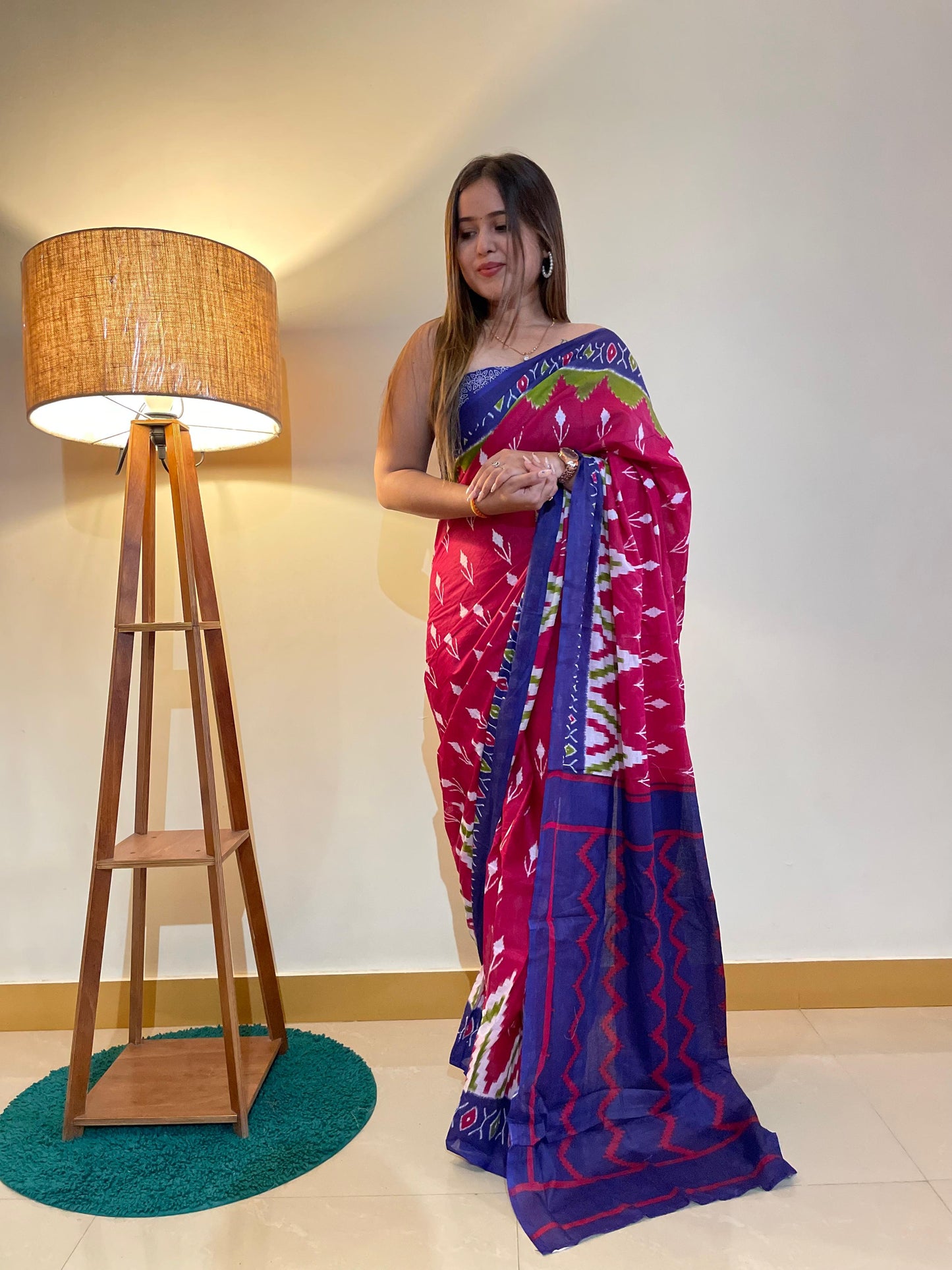 Pink-Blue Cotton Mul Printed Saree